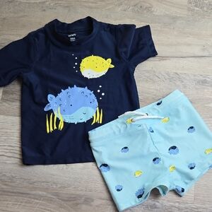 Carter's Boys 24m Swim Set - Navy and Light Blue Puffer Fish Swimsuit Rashguard